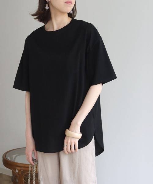 HER CLOSET(ハークローゼット)の「【HERCLOSET】ドライタッチコットン100%ビッグシルエットラウンドヘムTシャツ(Tシャツ/カットソー・レディース・ホワイト/ブラック/ピンク/ブルー/モカ・M)」の18枚目の写真