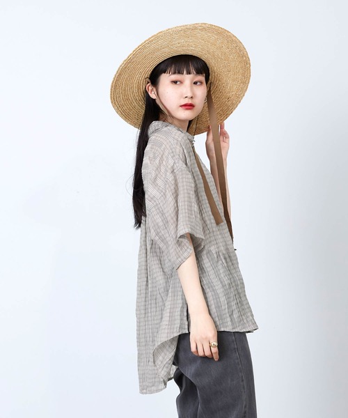 mikke(ミッケ)の「しわ加工シアーチェック半袖シャツ(シャツ/ブラウス・レディース・ブラウン/グレー/グリーン・FREE)」の5枚目の写真