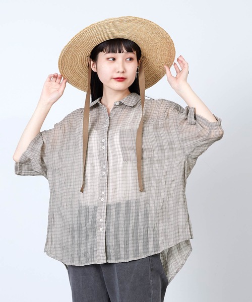 mikke(ミッケ)の「しわ加工シアーチェック半袖シャツ(シャツ/ブラウス・レディース・ブラウン/グレー/グリーン・FREE)」の9枚目の写真