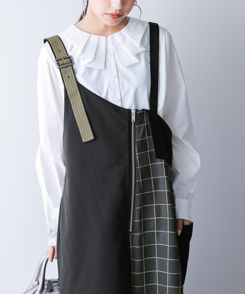 osharewalker（オシャレウォーカー）の「【廃盤】『チェック柄切替アシメサロペット』（サロペット/オーバーオール・レディース・ブラック・1/2）」の3枚目の写真