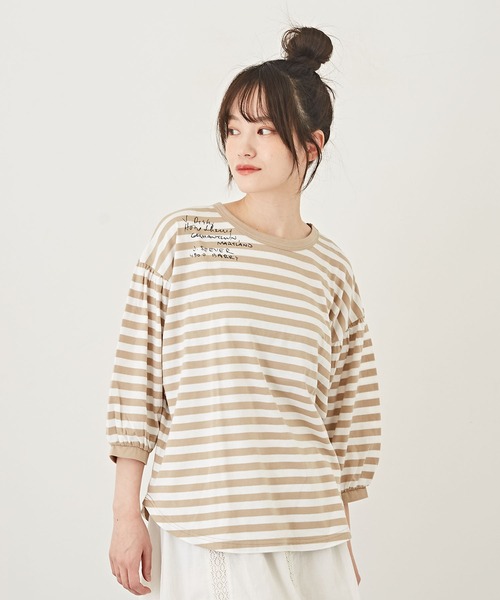 CUBE SUGAR(キューブシュガー)の「リサイクル天竺ロゴパフスリーブボーダーTシャツ(Tシャツ/カットソー・レディース・ベージュ系その他/ブラック×ホワイト/グレー×ホワイト・M)」の3枚目の写真