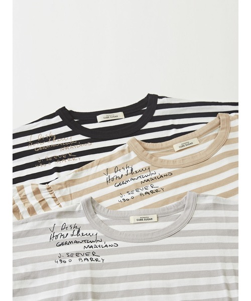 CUBE SUGAR(キューブシュガー)の「リサイクル天竺ロゴパフスリーブボーダーTシャツ(Tシャツ/カットソー・レディース・ベージュ系その他/ブラック×ホワイト/グレー×ホワイト・M)」の9枚目の写真