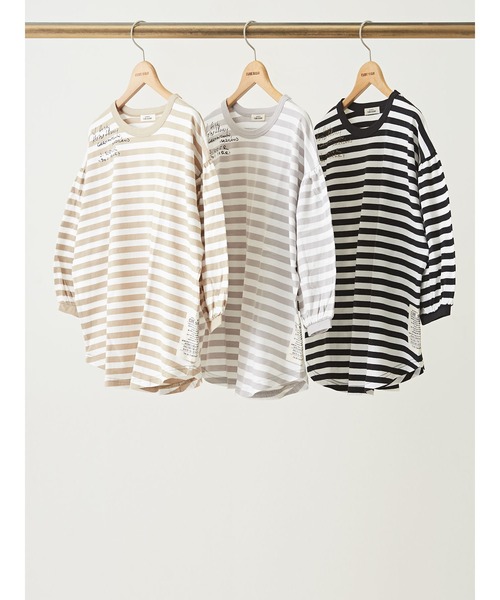 CUBE SUGAR(キューブシュガー)の「リサイクル天竺ロゴパフスリーブボーダーTシャツ(Tシャツ/カットソー・レディース・ベージュ系その他/ブラック×ホワイト/グレー×ホワイト・M)」の8枚目の写真