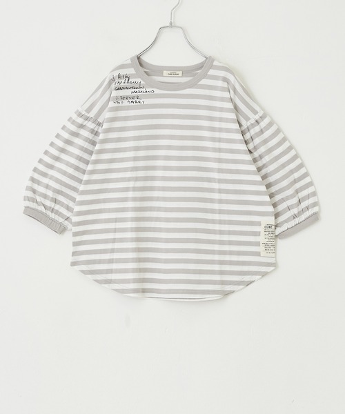 CUBE SUGAR(キューブシュガー)の「リサイクル天竺ロゴパフスリーブボーダーTシャツ(Tシャツ/カットソー・レディース・ベージュ系その他/ブラック×ホワイト/グレー×ホワイト・M)」の7枚目の写真