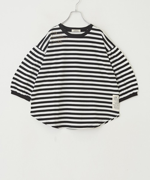 CUBE SUGAR(キューブシュガー)の「リサイクル天竺ロゴパフスリーブボーダーTシャツ(Tシャツ/カットソー・レディース・ベージュ系その他/ブラック×ホワイト/グレー×ホワイト・M)」の5枚目の写真
