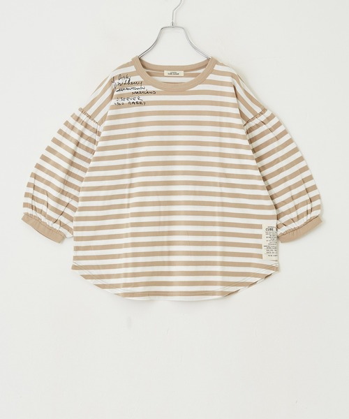 CUBE SUGAR(キューブシュガー)の「リサイクル天竺ロゴパフスリーブボーダーTシャツ(Tシャツ/カットソー・レディース・ベージュ系その他/ブラック×ホワイト/グレー×ホワイト・M)」の4枚目の写真