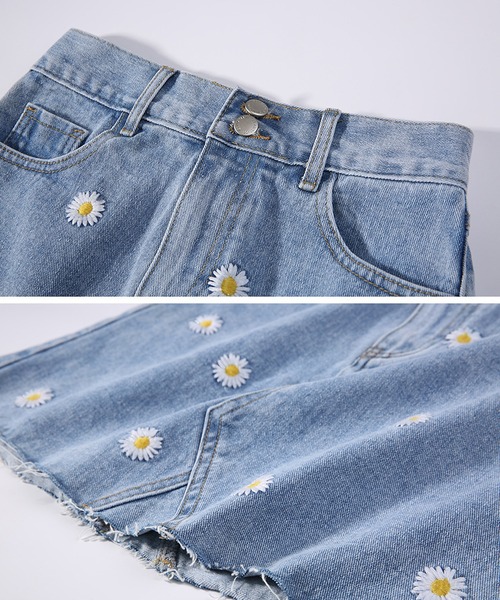 DEVICE(デバイス)の「デイジー刺繍 エンブロイダリー デニム ミニ 台形 スカート(デニムスカート・レディース・ブルー・L/FREE)」の2枚目の写真
