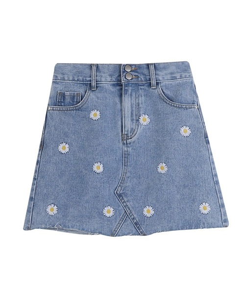 DEVICE(デバイス)の「デイジー刺繍 エンブロイダリー デニム ミニ 台形 スカート(デニムスカート・レディース・ブルー・L/FREE)」の5枚目の写真