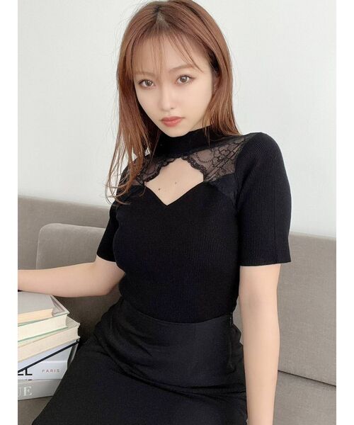 RESEXXY（リゼクシー）の「ラグランレース半袖ニットトップス（ニット/セーター・レディース・ホワイト/ブラック/モカ・FREE）」の10枚目の写真