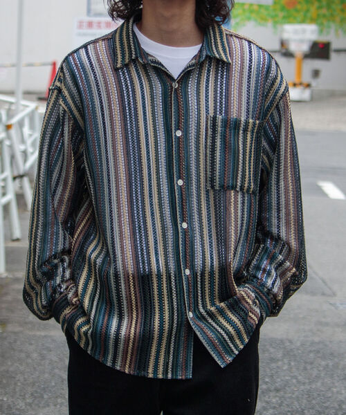 GLOSTER（グロスター）の「【GLOSTER/グロスター】バルファレース レースシャツ オープンカラー メッシュニット（シャツ/ブラウス・メンズ・ブラック/ベージュ系その他/ブルー系その他/パープル系その他・S/M/L）」の3枚目の写真