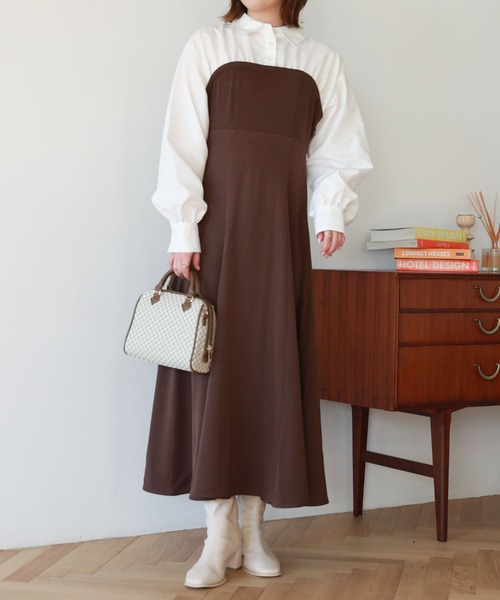 archives（アルシーヴ）の「Ｂａｃｋレースｕｐシャツレイヤードワンピース（シャツワンピース・レディース・グレイッシュベージュ/ブラック/ブラウン・MEDIUM）」の2枚目の写真