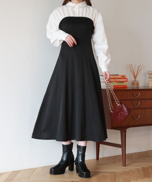 archives（アルシーヴ）の「Ｂａｃｋレースｕｐシャツレイヤードワンピース（シャツワンピース・レディース・グレイッシュベージュ/ブラック/ブラウン・MEDIUM）」の5枚目の写真