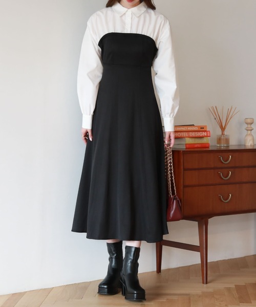 archives（アルシーヴ）の「Ｂａｃｋレースｕｐシャツレイヤードワンピース（シャツワンピース・レディース・グレイッシュベージュ/ブラック/ブラウン・MEDIUM）」の6枚目の写真