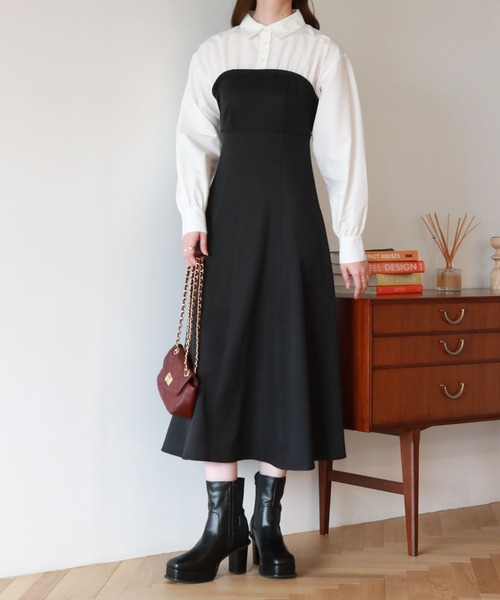 archives（アルシーヴ）の「Ｂａｃｋレースｕｐシャツレイヤードワンピース（シャツワンピース・レディース・グレイッシュベージュ/ブラック/ブラウン・MEDIUM）」の4枚目の写真