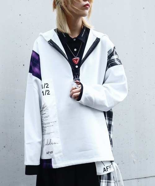 rovtski（ロフトスキー）の「AFYFSIDE CHECK PARKA/ビッグシルエット サイドチェックパーカー（パーカー・メンズ・ブラック系その他/ホワイト系その他2/ブラック系その他2/ホワイト系その他/ブラック系その他3/ホワイト系その他4/ブラック系その他4/ホワイト系その他3/ホワイト系その他6/ホワイト系その他5/サックスブルー/ブラック系その他5・FREE）」の3枚目の写真