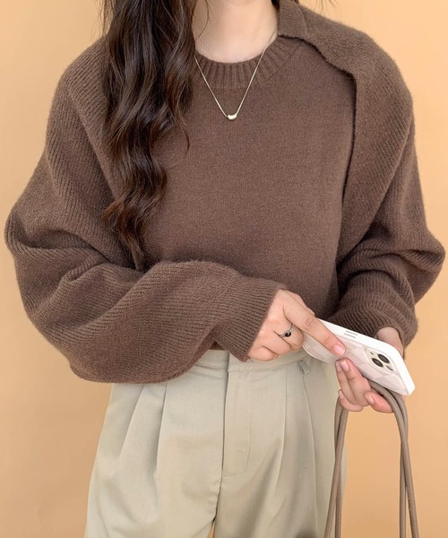 ECLIN（エクラン）の「ショート丈カーディガン＆ニットベスト２点セット（ニット/セーター・レディース・ブラック/ベージュ/ブラウン/カーキ・FREE）」の14枚目の写真