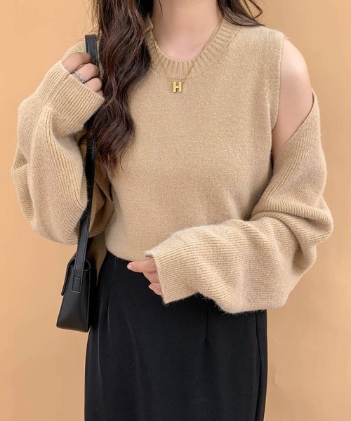 ECLIN（エクラン）の「ショート丈カーディガン＆ニットベスト２点セット（ニット/セーター・レディース・ブラック/ベージュ/ブラウン/カーキ・FREE）」の5枚目の写真