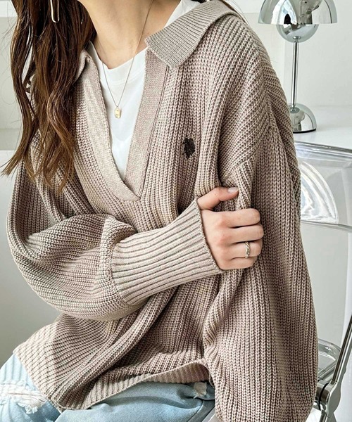 U.S. POLO ASSN.(ユーエスポロアッスン)の「GeeRA別注【U.S. POLO ASSN.】 ポロデザインニット(ニット/セーター・レディース・ブラック/アイボリー/ブルー/ベージュ・MEDIUM/LARGE)」の3枚目の写真