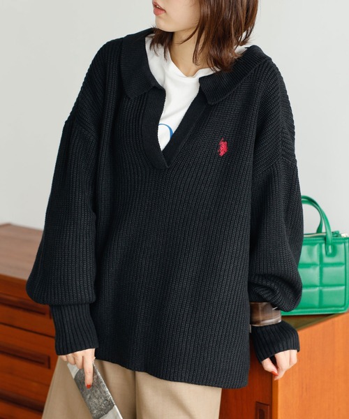 U.S. POLO ASSN.(ユーエスポロアッスン)の「GeeRA別注【U.S. POLO ASSN.】 ポロデザインニット(ニット/セーター・レディース・ブラック/アイボリー/ブルー/ベージュ・MEDIUM/LARGE)」の14枚目の写真