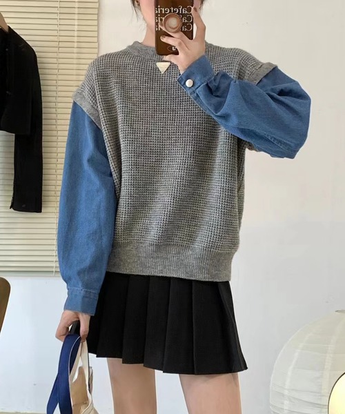 LAFFMO(ラフモ)の「デニムシャツドッキングニットトップス(その他トップス・レディース・モカ/ダークグレー/ライトグレー・FREE)」の2枚目の写真