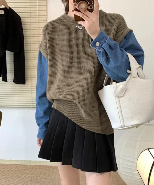 LAFFMO(ラフモ)の「デニムシャツドッキングニットトップス(その他トップス・レディース・モカ/ダークグレー/ライトグレー・FREE)」の3枚目の写真