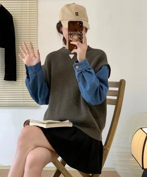 LAFFMO(ラフモ)の「デニムシャツドッキングニットトップス(その他トップス・レディース・モカ/ダークグレー/ライトグレー・FREE)」の5枚目の写真