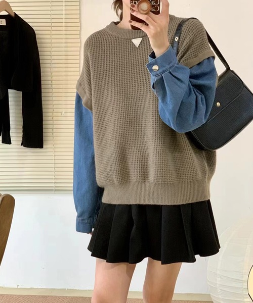 LAFFMO(ラフモ)の「デニムシャツドッキングニットトップス(その他トップス・レディース・モカ/ダークグレー/ライトグレー・FREE)」の6枚目の写真