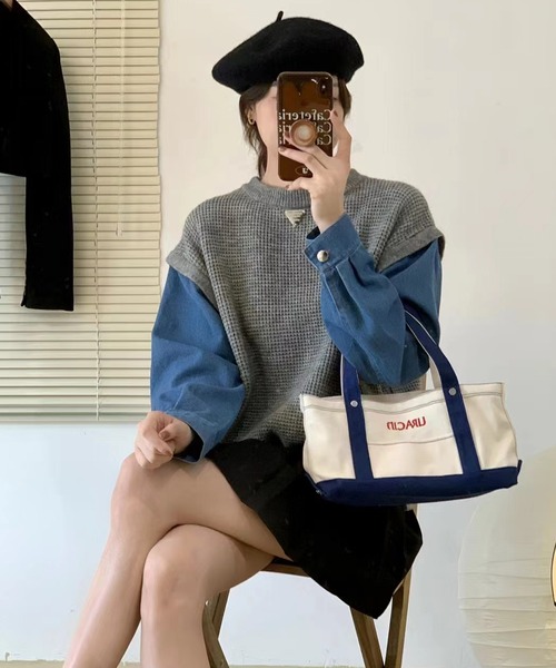 LAFFMO(ラフモ)の「デニムシャツドッキングニットトップス(その他トップス・レディース・モカ/ダークグレー/ライトグレー・FREE)」の8枚目の写真