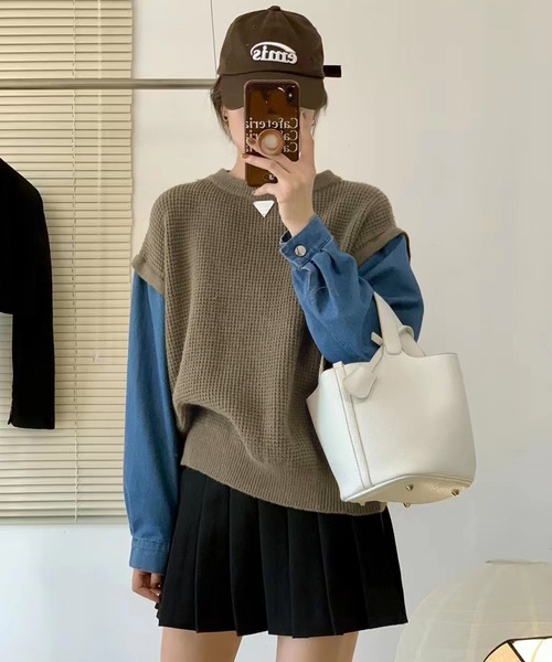 LAFFMO(ラフモ)の「デニムシャツドッキングニットトップス(その他トップス・レディース・モカ/ダークグレー/ライトグレー・FREE)」の7枚目の写真