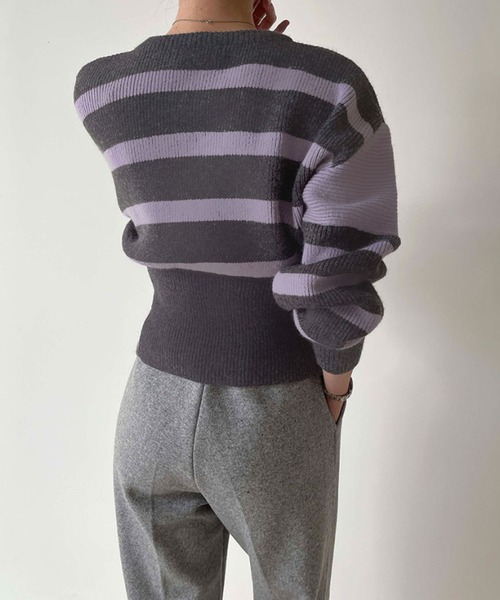 Jewelobe(ジュエローブ)の「ウエストフィットボーダーニットプルオーバー(ニット/セーター・レディース・ホワイト/ブラック/グレー・FREE)」の9枚目の写真