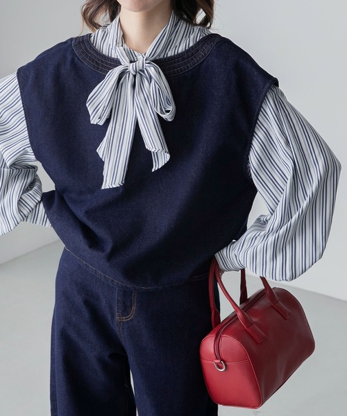 BONLECILL(ボンルシール)の「【セットアップ対応】前後2way 深Vネック クロップドツイルベスト(ベスト・レディース・アイボリー/ブラック/ブルー/ベージュ/ネイビー/ピンク・FREE)」の20枚目の写真