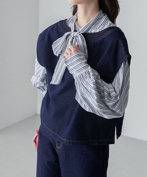 BONLECILL(ボンルシール)の「【セットアップ対応】前後2way 深Vネック クロップドツイルベスト(ベスト・レディース・アイボリー/ブラック/ブルー/ベージュ/ネイビー/ピンク・FREE)」の21枚目の写真