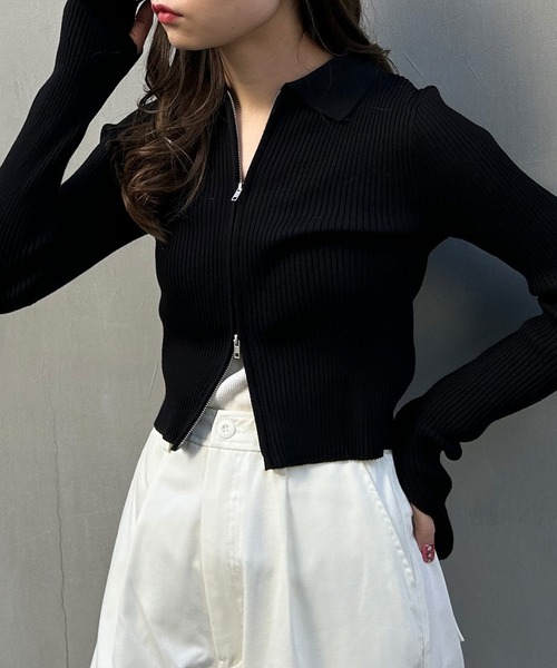 INGNI(イング)の「襟付フロントジップニットカーディガン(カーディガン/ボレロ・レディース・ブラック/オフホワイト/サックスブルー・M)」の14枚目の写真