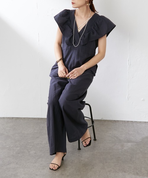 Omekashi（オメカシ）の「リネンラッフルオールインワン（サロペット/オーバーオール・レディース・ブラック/ネイビー・36/34/38）」の7枚目の写真