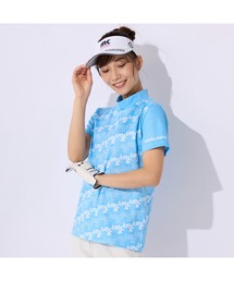 marie claire GOLF/マリクレール ゴルフ ゴルフウェア 総柄 ブランド ロゴ 透け防止 伸縮素材 吸汗速乾 UVカット 接触冷感 ジップ 半袖 シャツ