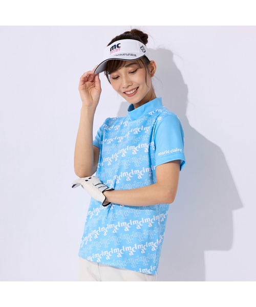 marie claire(マリ・クレール)の「marie claire GOLF/マリクレール ゴルフ ゴルフウェア 総柄 ブランド ロゴ 透け防止 伸縮素材 吸汗速乾 UVカット 接触冷感 ジップ 半袖 シャツ(Tシャツ/カットソー・レディース・ホワイト/ブラック/ブルー・M/L/LL/S)」の3枚目の写真