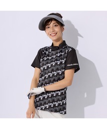 marie claire GOLF/マリクレール ゴルフ ゴルフウェア 総柄 ブランド ロゴ 透け防止 伸縮素材 吸汗速乾 UVカット 接触冷感 ジップ 半袖 シャツ