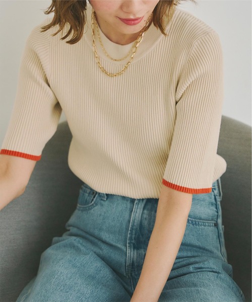 titivate(ティティベイト)の「袖口配色デザイン5分袖ニットトップス(ニット/セーター・レディース・ライトグリーン/ブルー/オフホワイト/ブラック/ライトベージュ・S/M/L)」の13枚目の写真