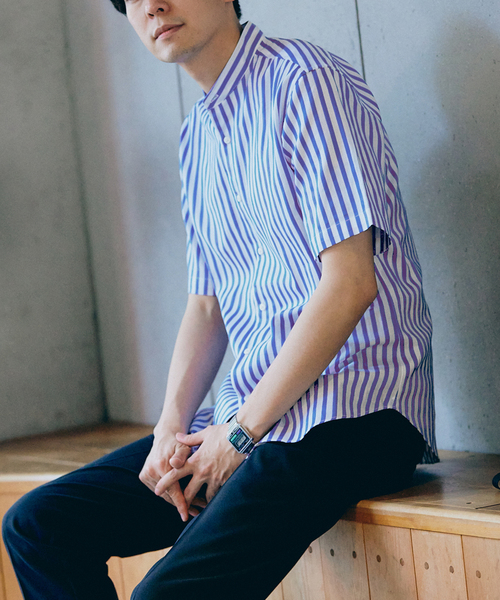 417 EDIFICE（フォーワンセブンエディフィス）の「”吸水速乾” カラミ ストライプ ワンピース バンド ショートスリーブシャツ（シャツ/ブラウス・メンズ・ブルー系その他・MEDIUM/LARGE/SMALL）」の7枚目の写真