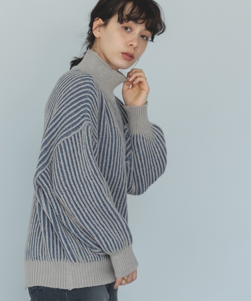 pairmanon(ペアマノン)の「【ママサイズ】リブ 配色 モックネック ニット プルオーバー(ニット/セーター・レディース・テラコッタ/ブルー/ブラック・FREE)」の3枚目の写真