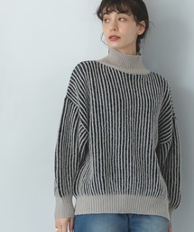 【ママサイズ】リブ 配色 モックネック ニット プルオーバー