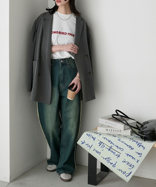 セール】【forksy.】サイドフリンジ付きデニムワイドパンツ