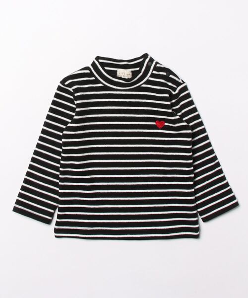 kids zoo(キッズズー)の「フライス表起毛ハート刺繍入りTシャツ(Tシャツ/カットソー・キッズ・オフホワイト/ブラック・80/90)」の1枚目の写真
