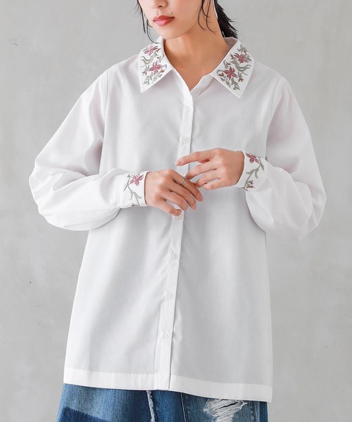 osharewalker（オシャレウォーカー）の「『オリジナル刺繍カラーシャツ』（シャツ/ブラウス・レディース・ブラック/オフホワイト・1/2）」の4枚目の写真