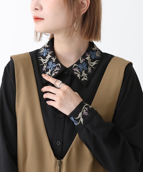 osharewalker（オシャレウォーカー）の「『オリジナル刺繍カラーシャツ』（シャツ/ブラウス・レディース・ブラック/オフホワイト・1/2）」の10枚目の写真