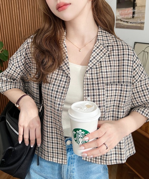 moment+（モーメントプラス）の「オーバーチェック半袖開襟ショート