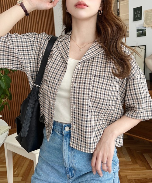 moment+（モーメントプラス）の「オーバーチェック半袖開襟ショート