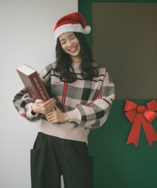 VANNIE U（ヴァニーユー）の「チェックニットプルオーバー（ニット/セーター・レディース・ブラック/ライトベージュ/ベージュ・FREE）」の9枚目の写真