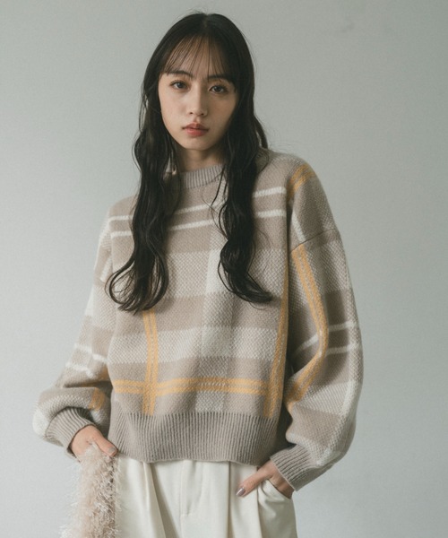 5351 ブロークンダスティーチェックPO ニット ボルドー 透かし編みオフショルニット | PROPORTION BODY DRESSING