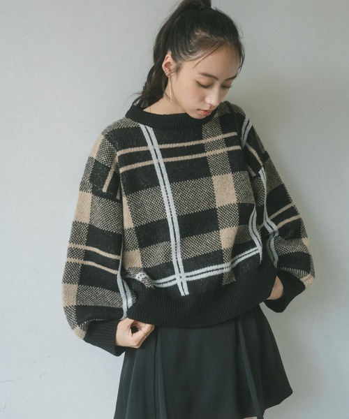 VANNIE U（ヴァニーユー）の「チェックニットプルオーバー（ニット/セーター・レディース・ブラック/ライトベージュ/ベージュ・FREE）」の19枚目の写真